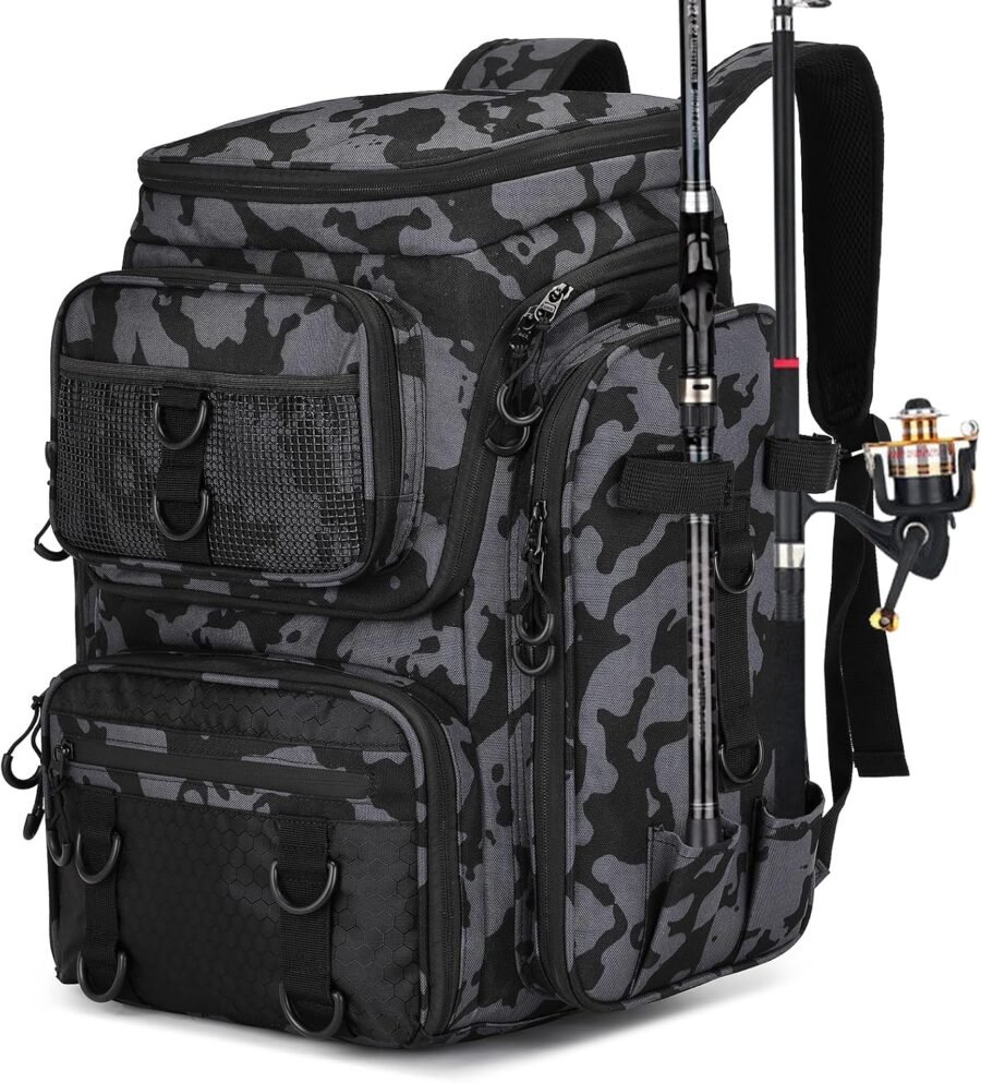 42-Liter Black Camo Fishing Backpack